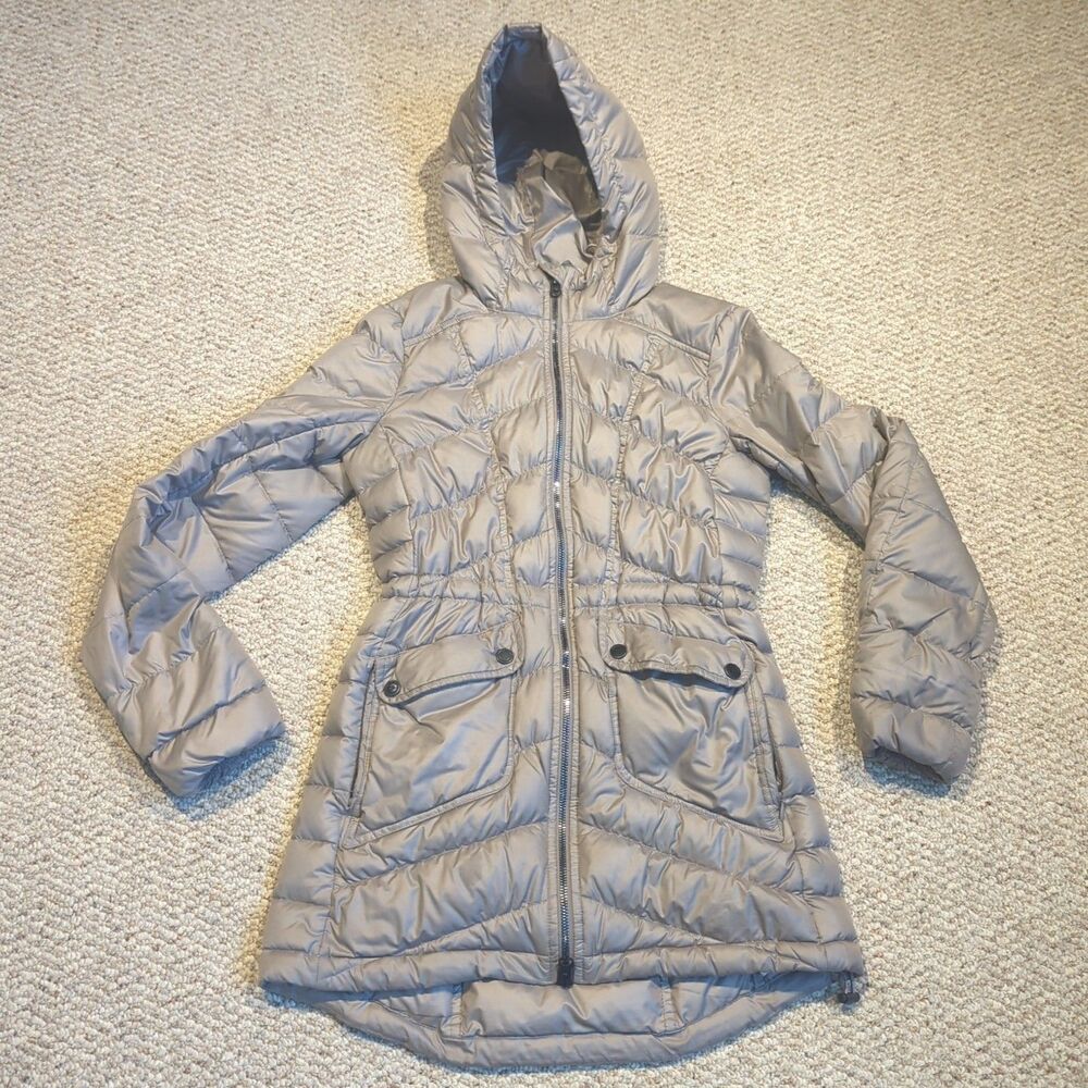 Athleta Uptown Down Puffer Jacket Womens XXS Taupe Hooded Pockets Full Zip